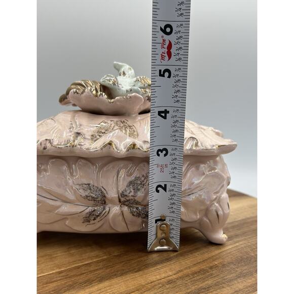 Vintage Ceramic Trinket Box Bird Lid Powder Pink Iridescent Glaze Lead Motif - Picture 13 of 13